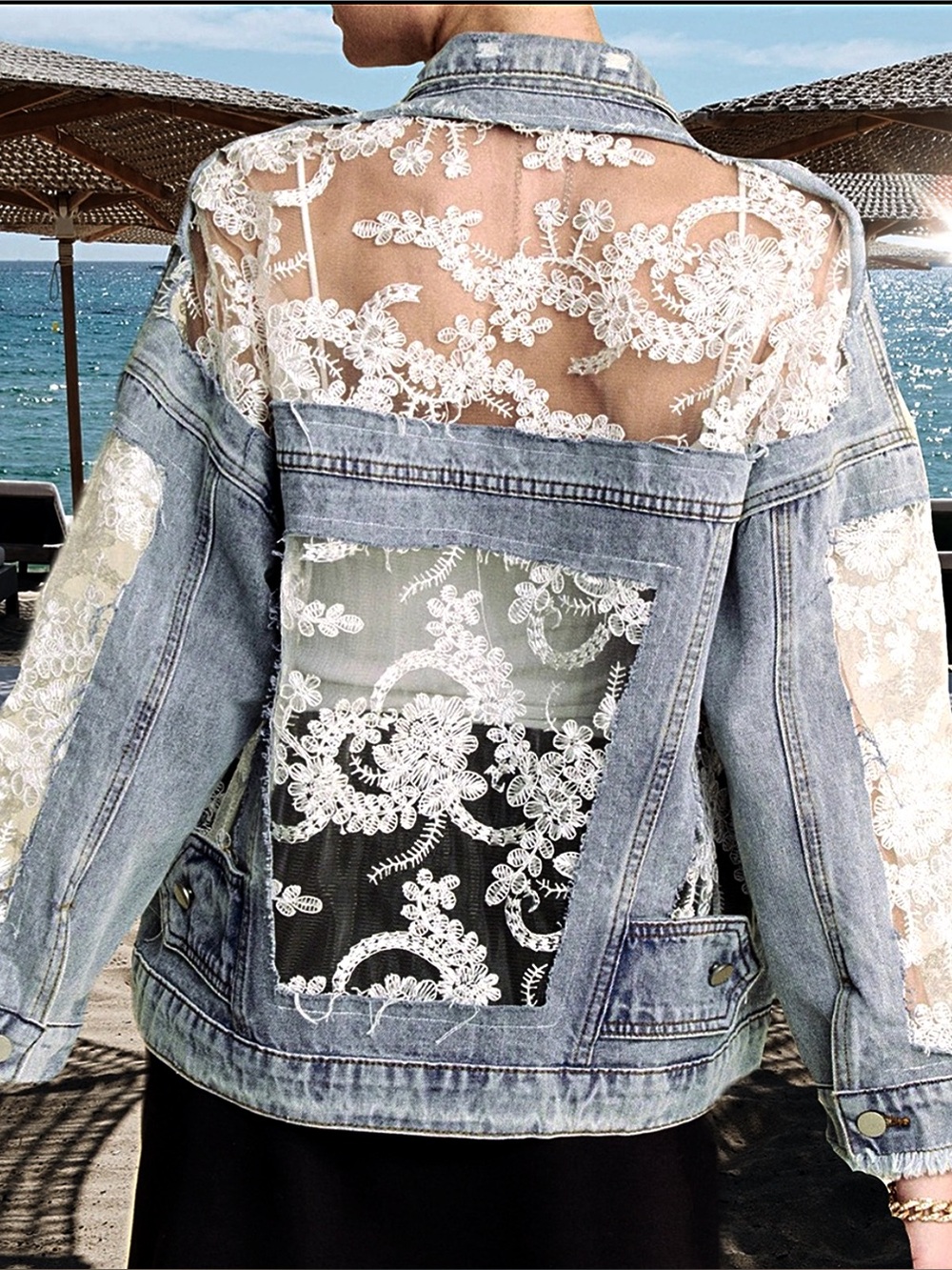 Floral Embroidery Lace Distressed Jacket